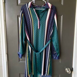 Tommy Hilfiger Belted Midi Multi Color Striped Dress Size L